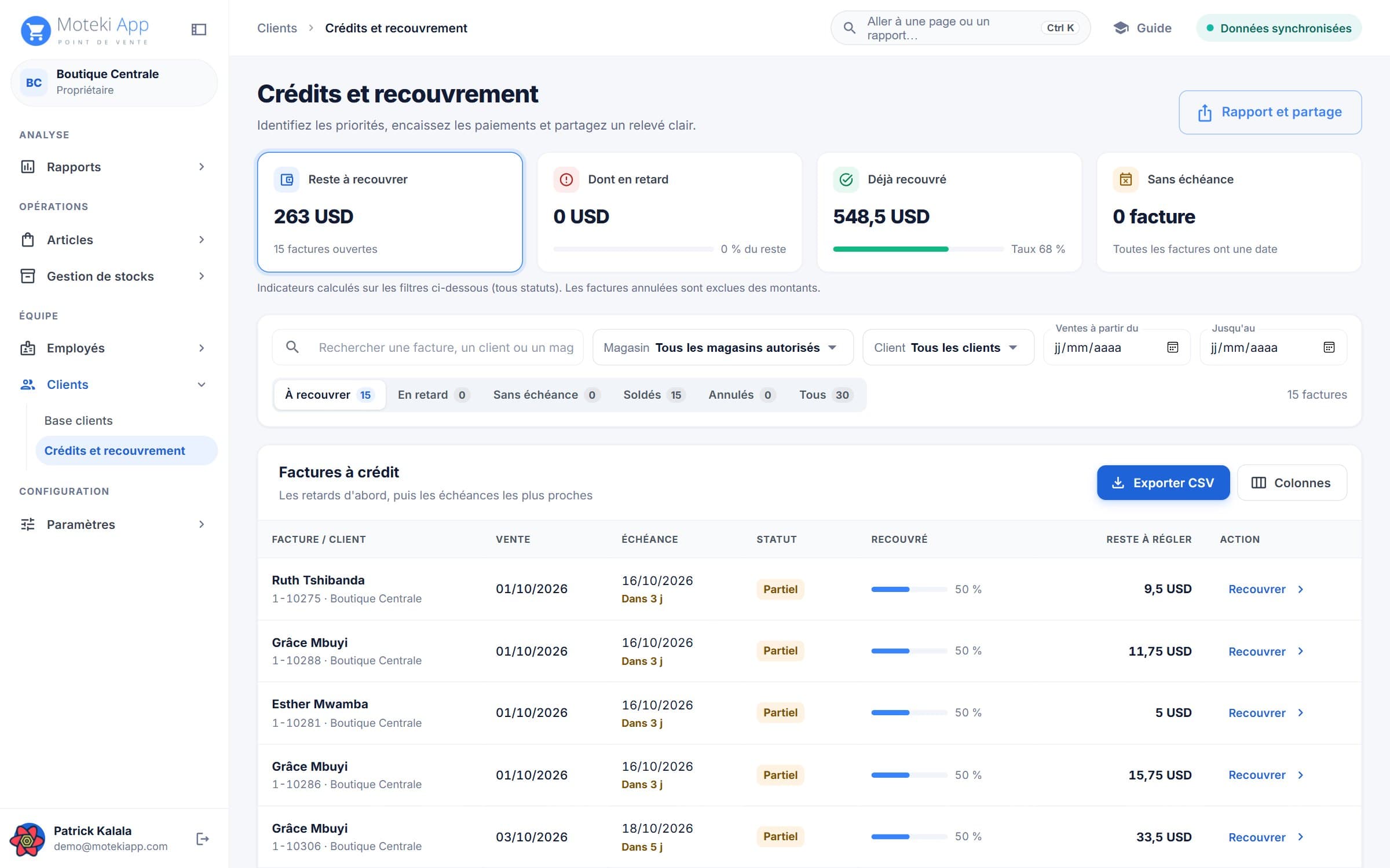 Back-office Moteki : Crédits et recouvrement