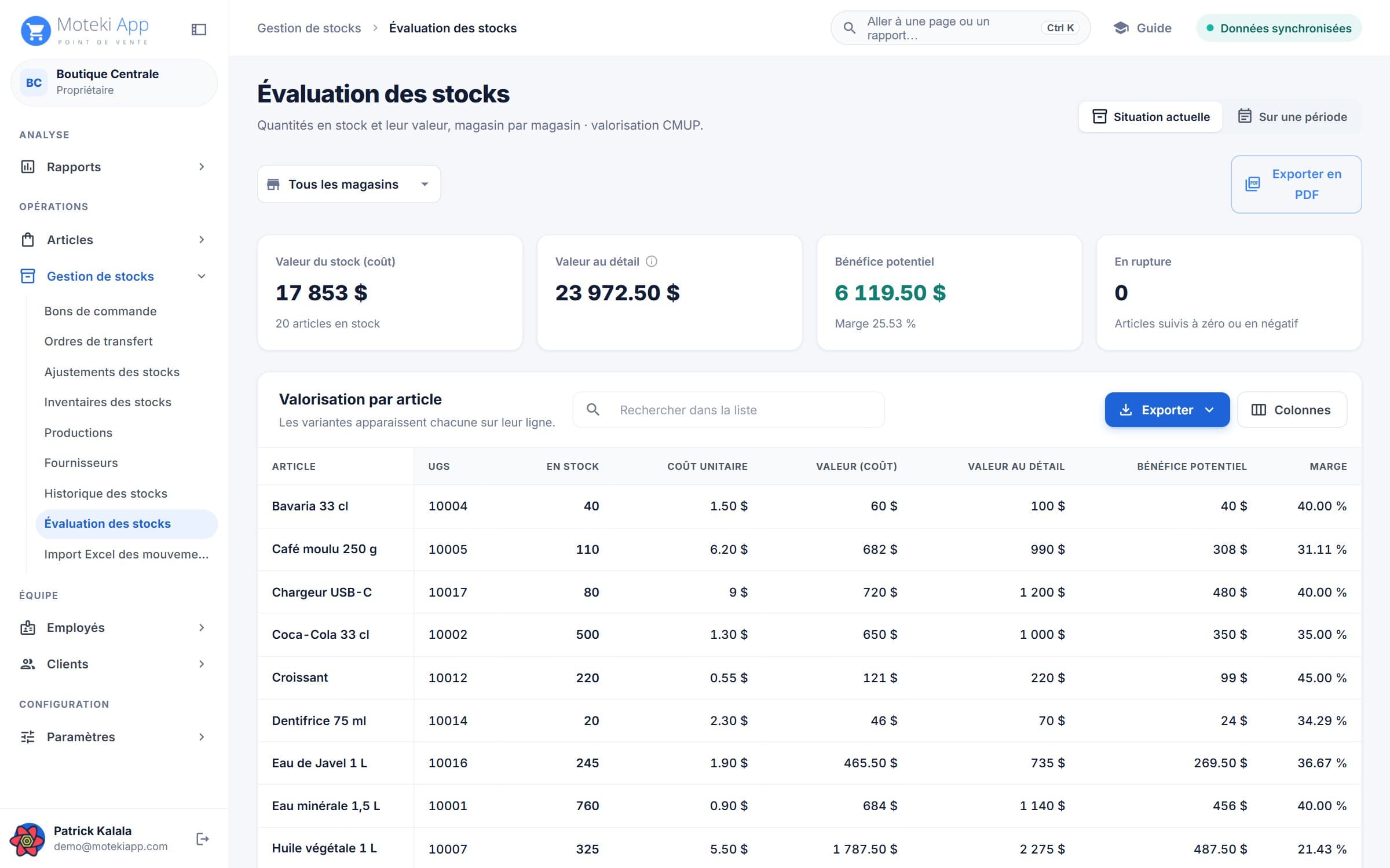 Valeur du stock par article dans le back-office