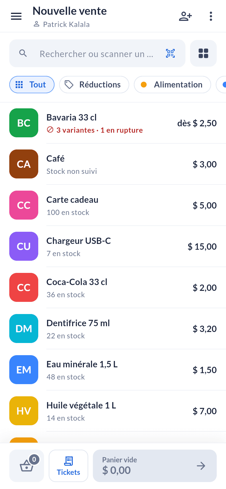 Catalogue d'articles avec prix et stock
