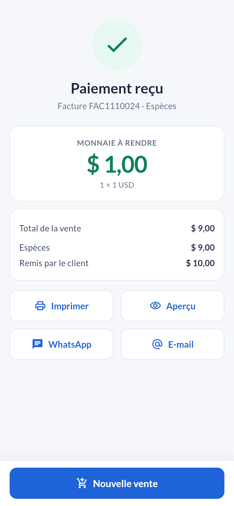 Paiement reçu et monnaie à rendre