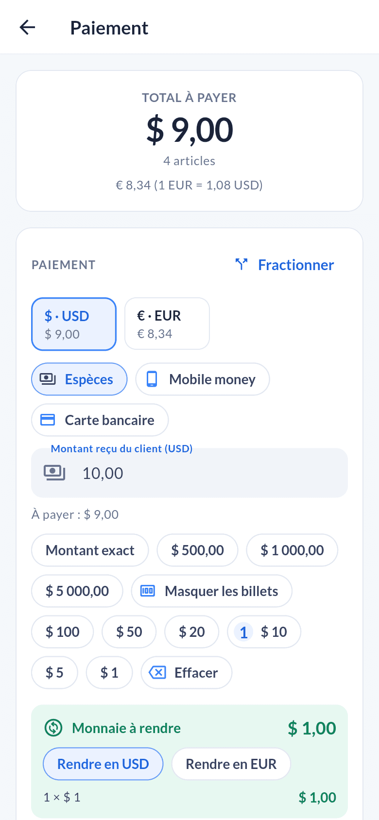 Écran de paiement avec les billets reçus