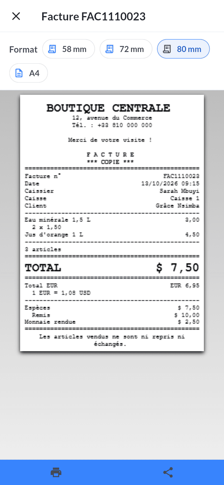 Aperçu d'une facture au format ticket 80 mm, avec le choix 58, 72, 80 mm ou A4