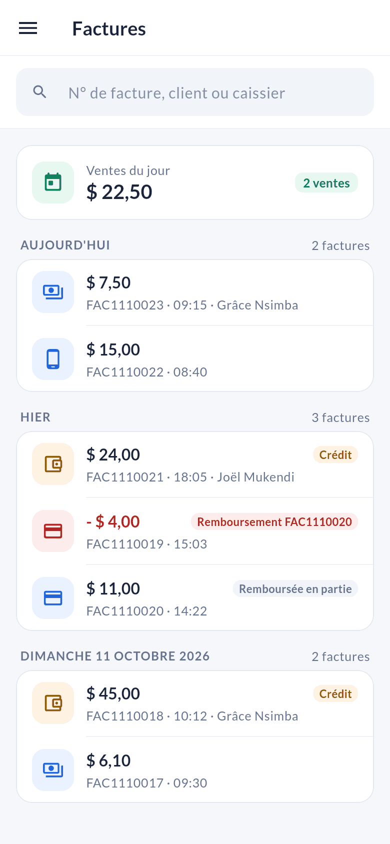 Factures du jour sur téléphone